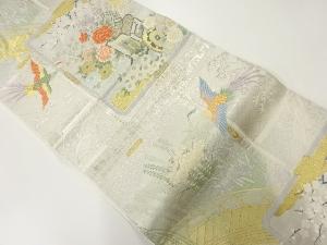 アンティーク　御所車に花鳥・橋風景模様織出し袋帯（材料）